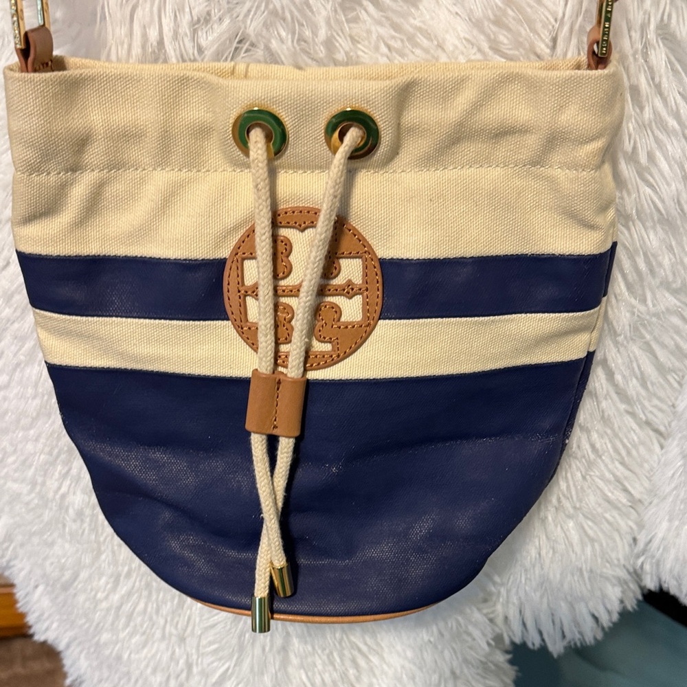 Tory Burch Blue and Cream Canvas Shoulder Bag